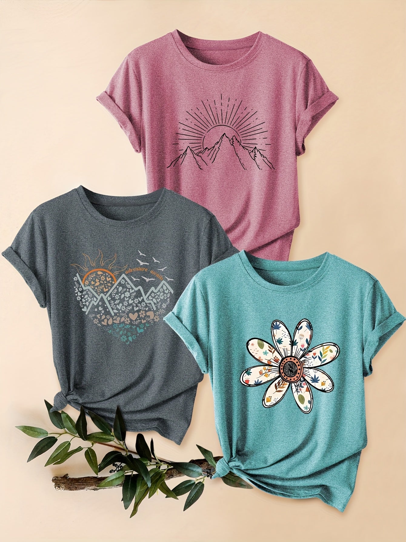 Three-Piece Set of Mountain Chrysanthemum Print Fashion Retro Style Women's Spring Autumn Winter Casual Sporty Round Neck Short Sleeve T-Shirts