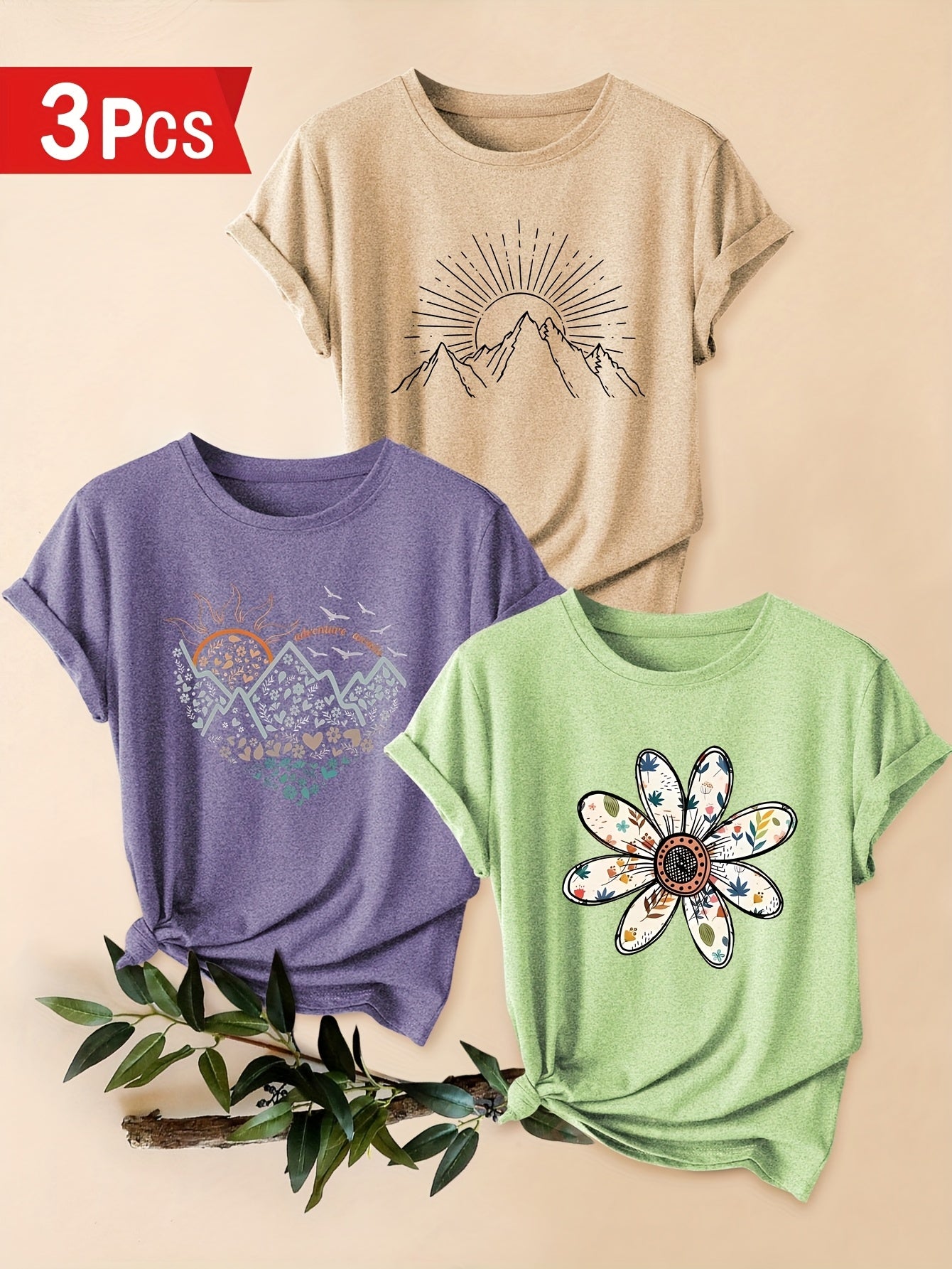 Three-Piece Set of Mountain Chrysanthemum Print Fashion Retro Style Women's Spring Autumn Winter Casual Sporty Round Neck Short Sleeve T-Shirts