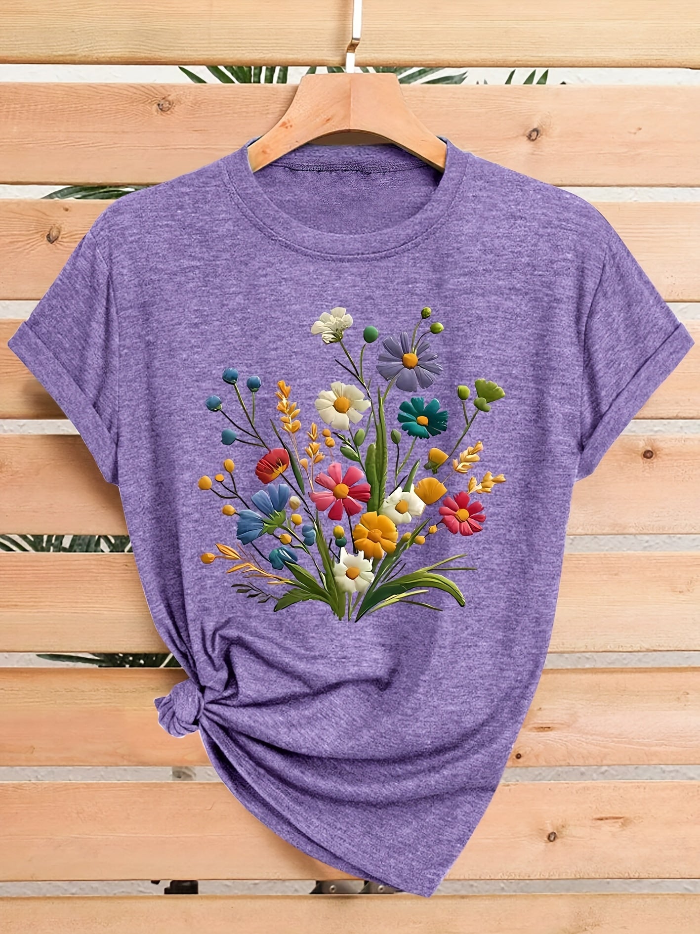 [Vintage T-Shirt] Vintage Floral Women's T-Shirt | Casual Crew Neck Short Sleeve Top, Medium Stretch Fabric, Colorful Flower Design, Sizes S-XXL