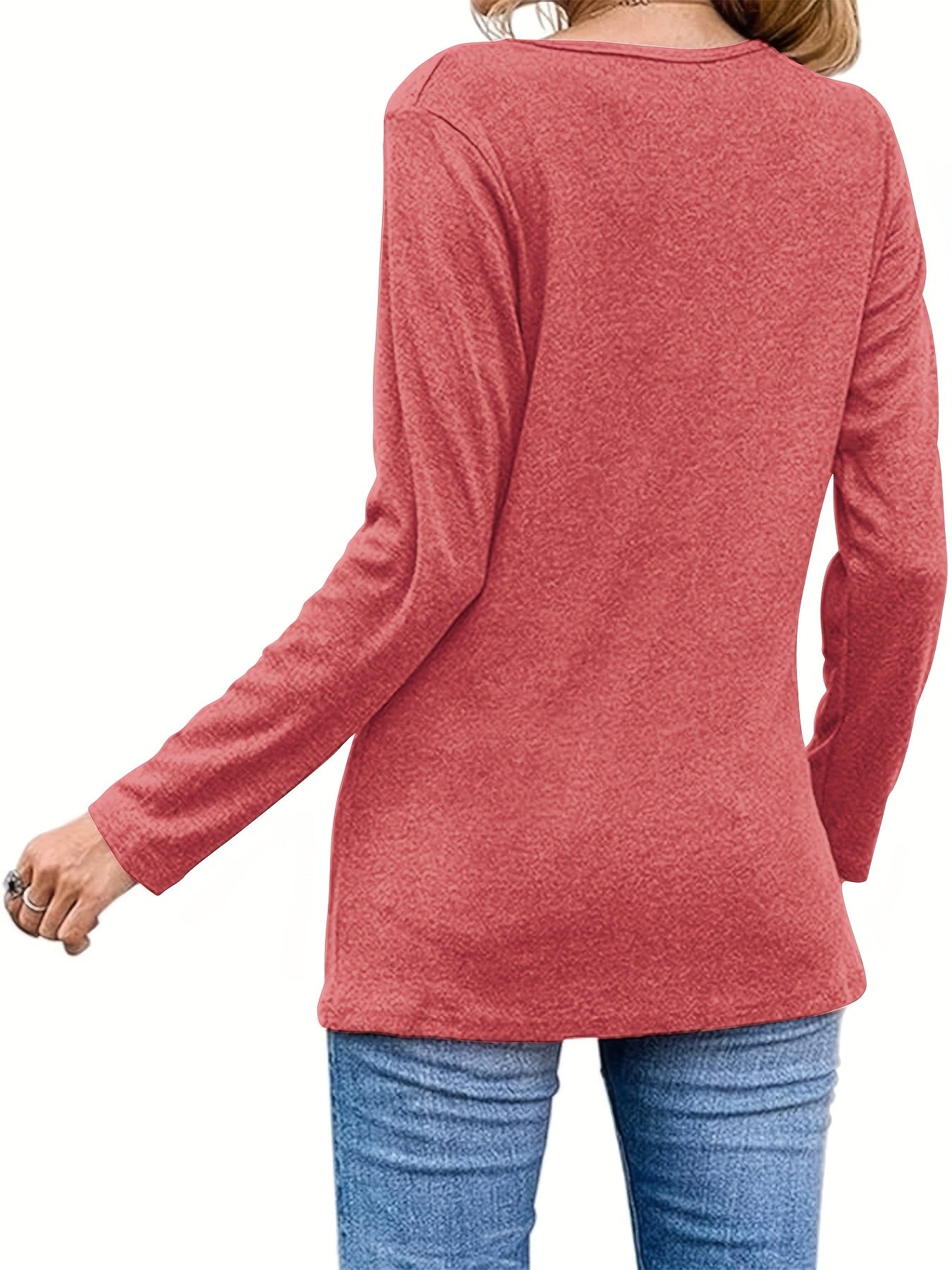 Women'S Casual Long Sleeve T-Shirt with Asymmetrical Hem & Button Details - Soft Pink Round Neck Loose Fit Top, Machine Washable Spring Transitional Weather Tee for Casual Attire & Loungewear, Ladies T Shirts, Relaxed Fit Top, Stylish Button Detail,