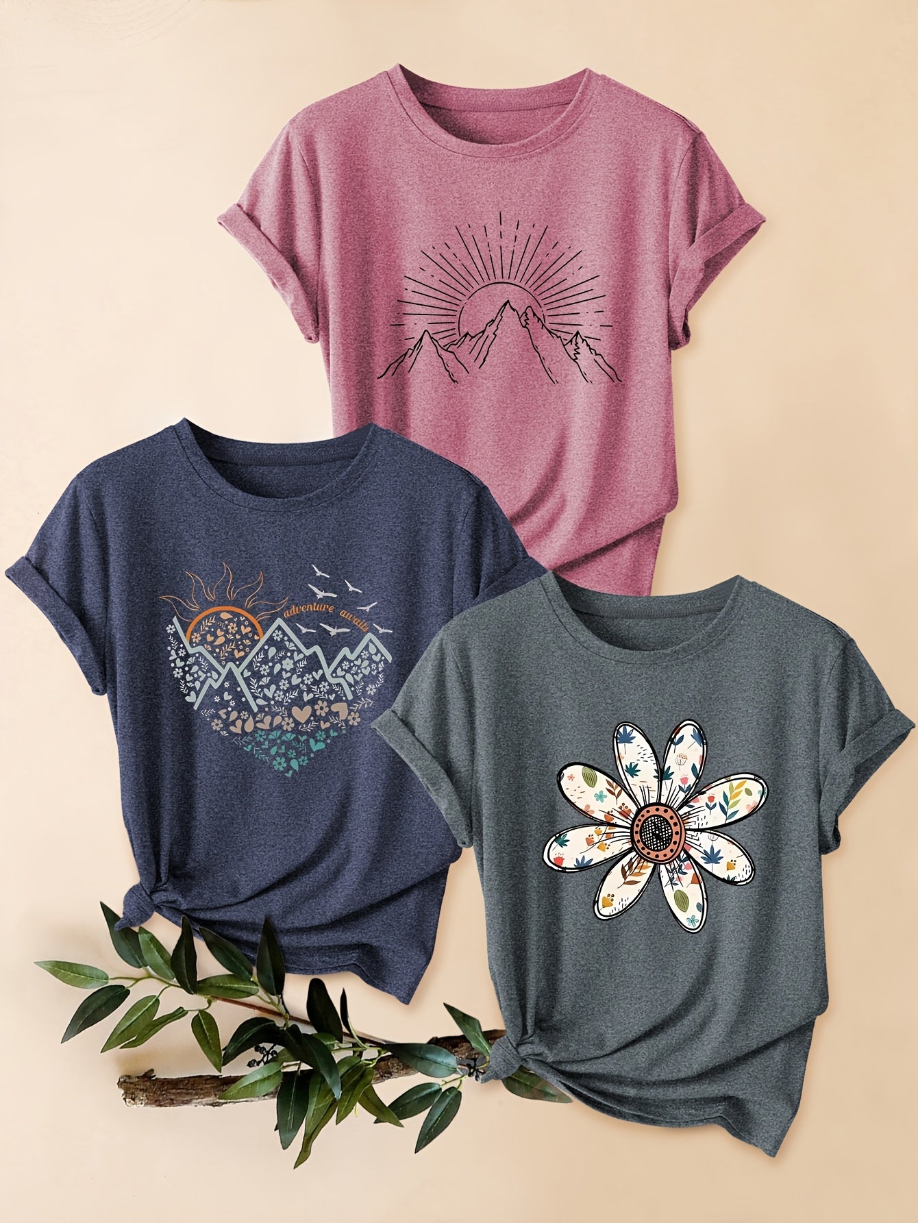 Three-Piece Set of Mountain Chrysanthemum Print Fashion Retro Style Women's Spring Autumn Winter Casual Sporty Round Neck Short Sleeve T-Shirts