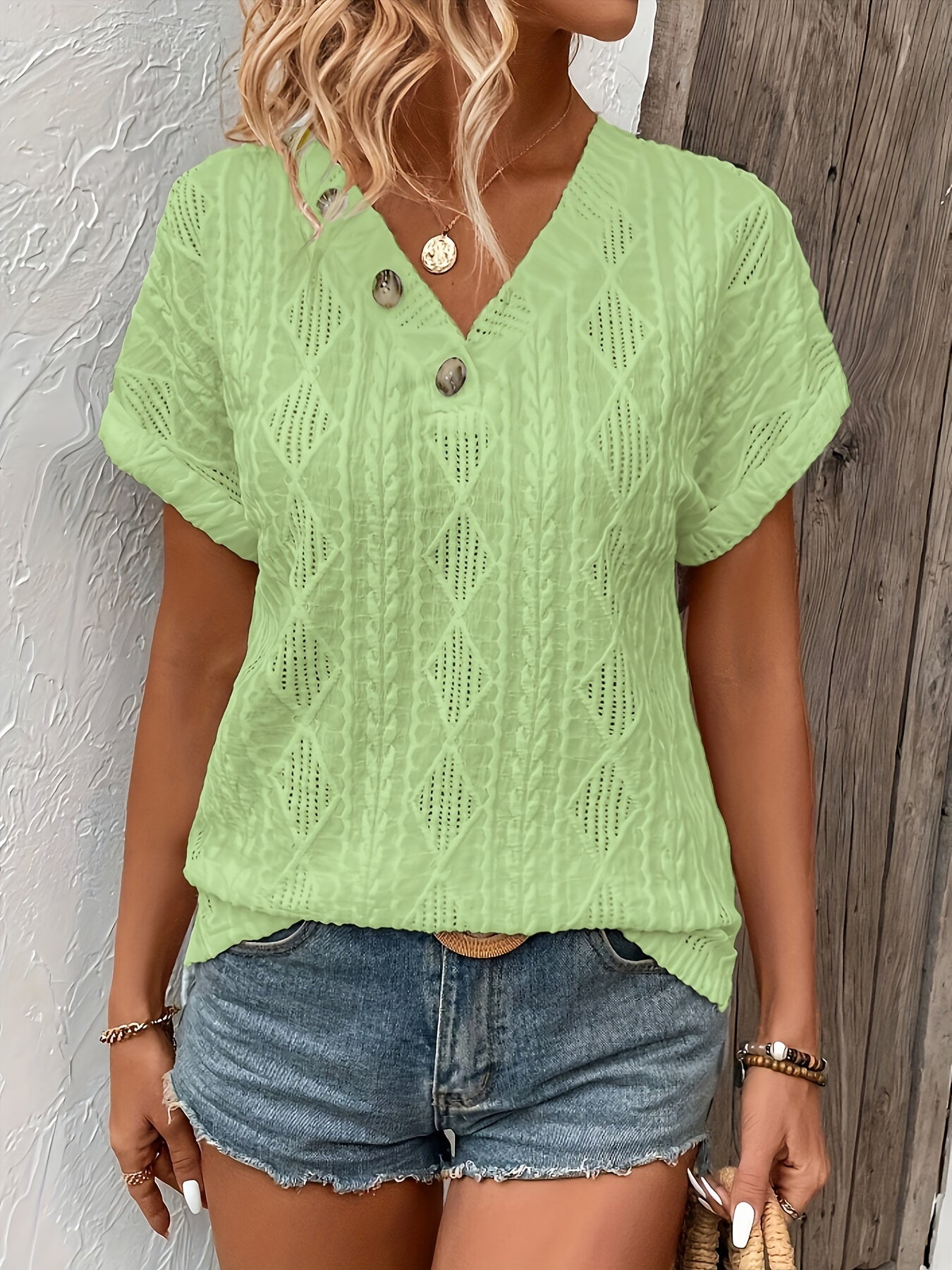 Button Decor V Neck T-Shirt, Casual Short Sleeve Textured Top For Spring & Summer, Women's Clothing