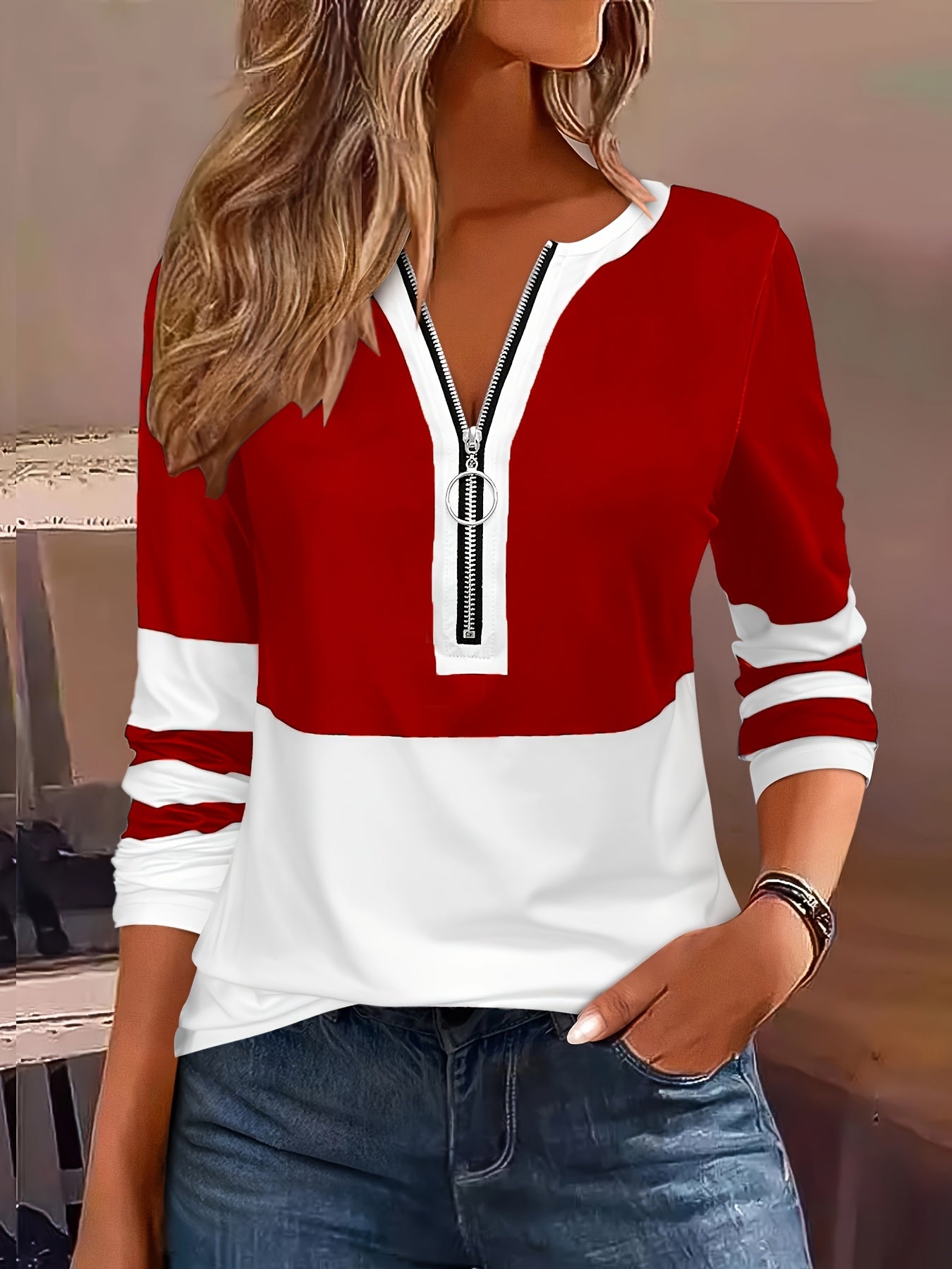 [Elegant V-Neck Tee] Stylish Black and White V-Neck Long Sleeve T-Shirt | Women's Color Block Tee with Zipper Detail - Casual Yet Elegant, Perfect for Spring and Fall