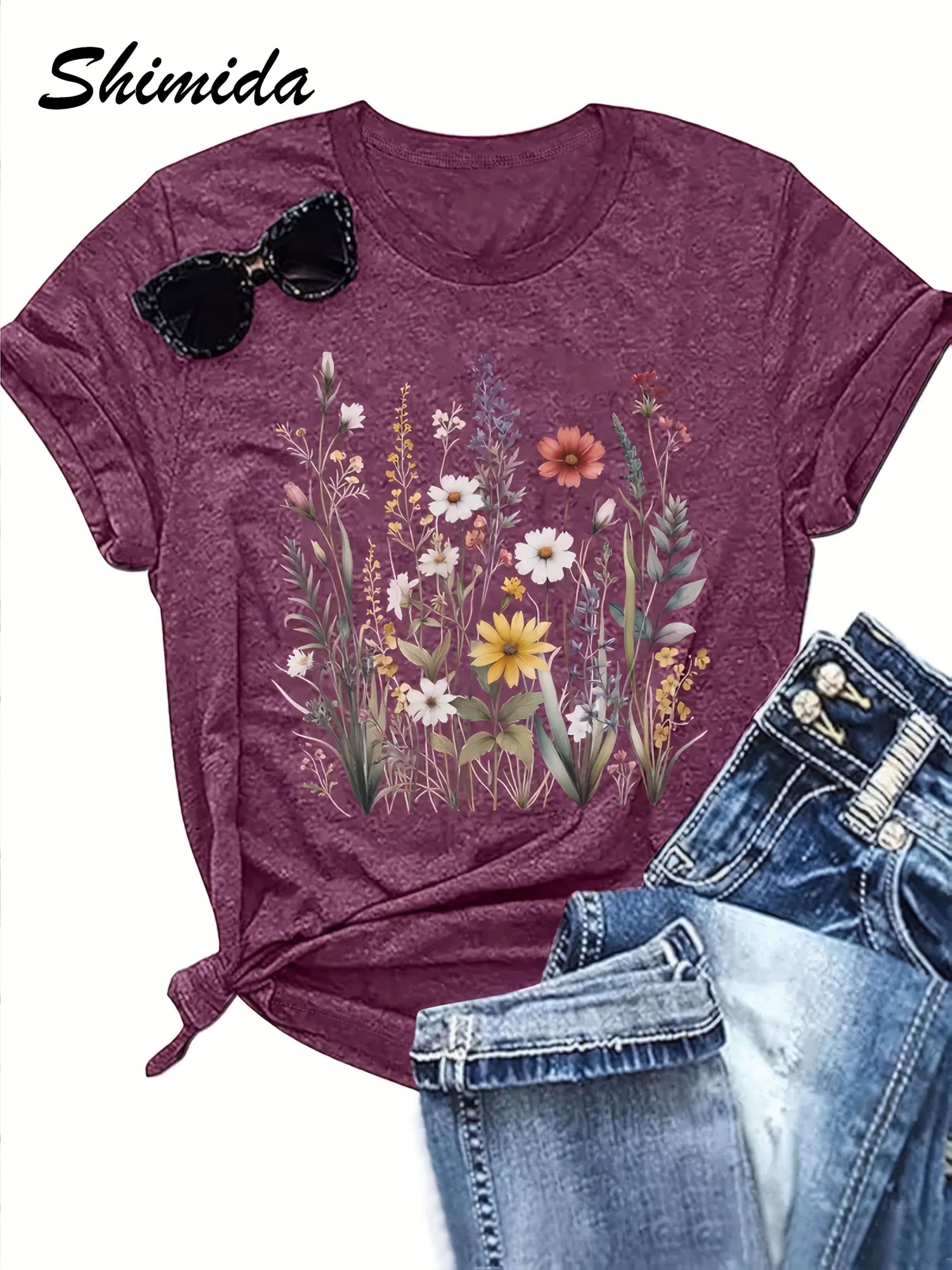 [SHIMIDA Floral Print T-Shirt] SHIMIDA Women's Soft Machine Washable Floral Print T-Shirt - Botanical Wildflower & Foliage Design with Daisies, Dark Grey Relaxed Fit Round Neck Short Sleeve, All-Season Casual Attire for Plant Lovers