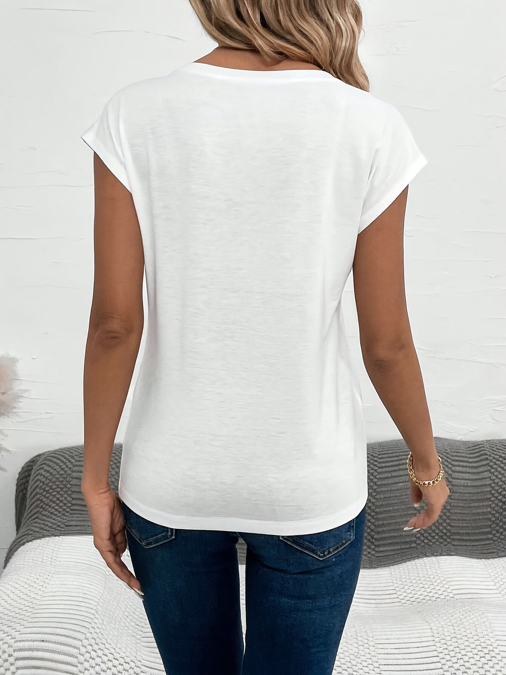 [V Neck Heart Print Tee] Heart Print V Neck T-Shirt, Casual Cap Sleeve Top For Spring & Summer, Women's Clothing
