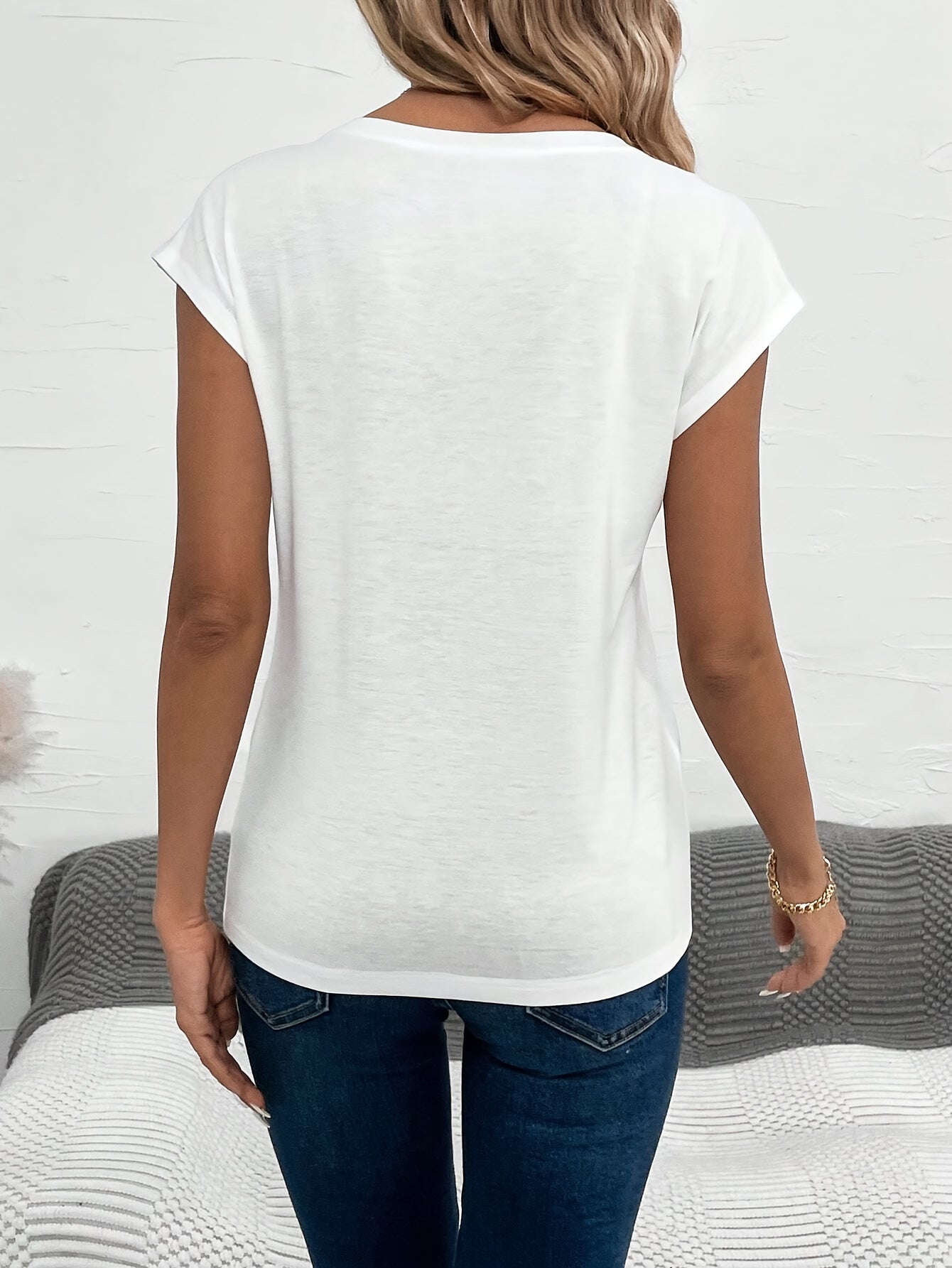 [V Neck Heart Print Tee] Heart Print V Neck T-Shirt, Casual Cap Sleeve Top For Spring & Summer, Women's Clothing