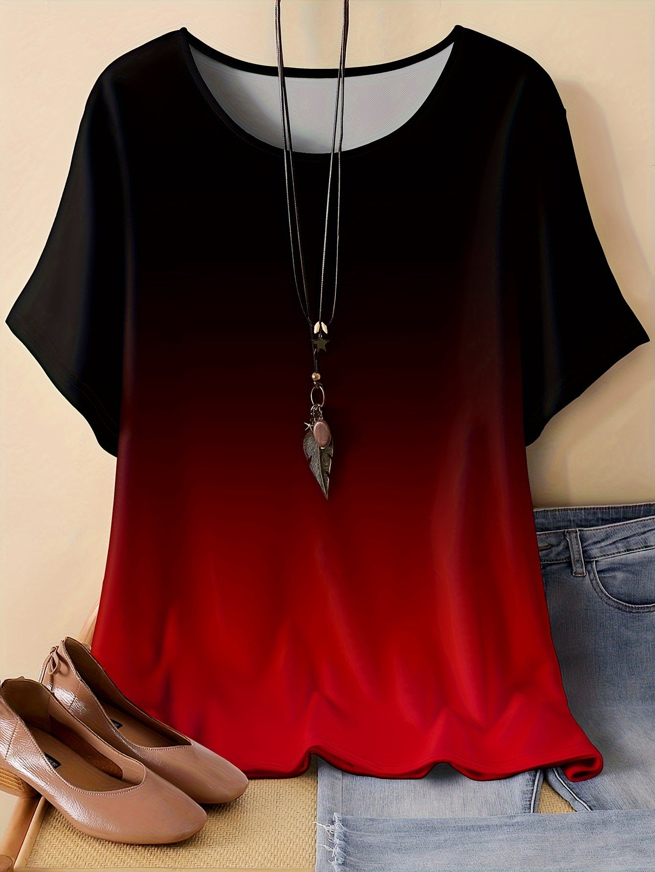 [Plus Size T-Shirt] Minimalist Plus Size Two-Tone Print T-Shirt | Round Neck Short Sleeve Top for Women, Spring/Summer Casual - No Accessories Included