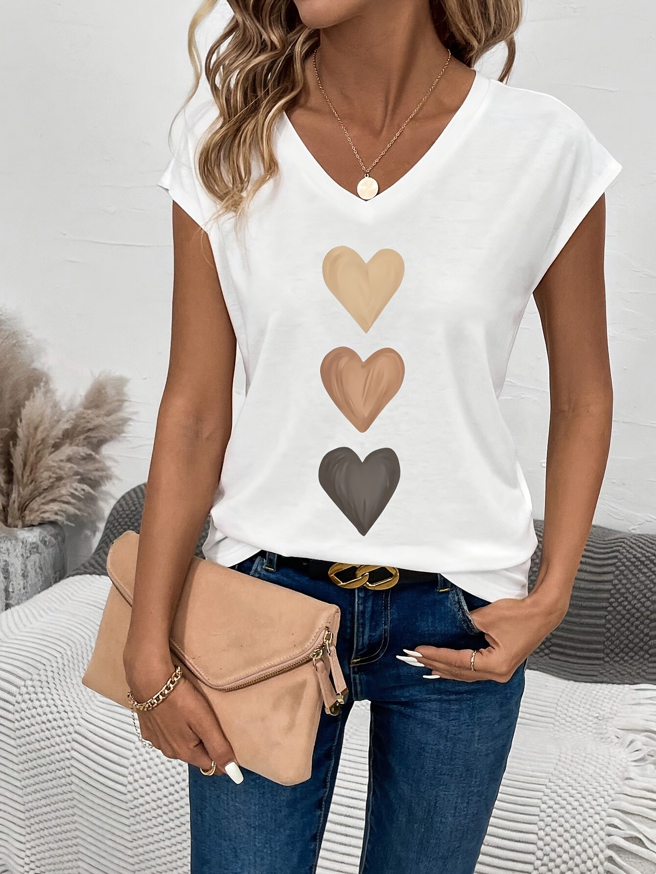 [V Neck Heart Print Tee] Heart Print V Neck T-Shirt, Casual Cap Sleeve Top For Spring & Summer, Women's Clothing