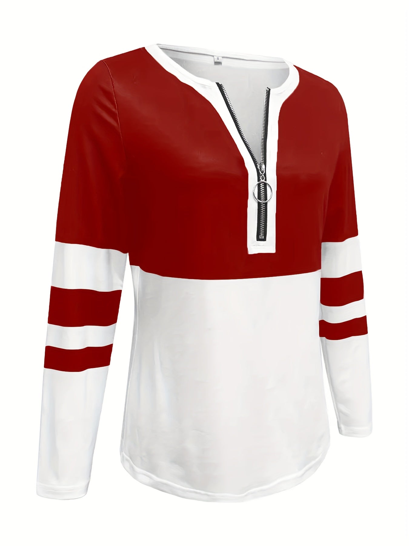 [Elegant V-Neck Tee] Stylish Black and White V-Neck Long Sleeve T-Shirt | Women's Color Block Tee with Zipper Detail - Casual Yet Elegant, Perfect for Spring and Fall