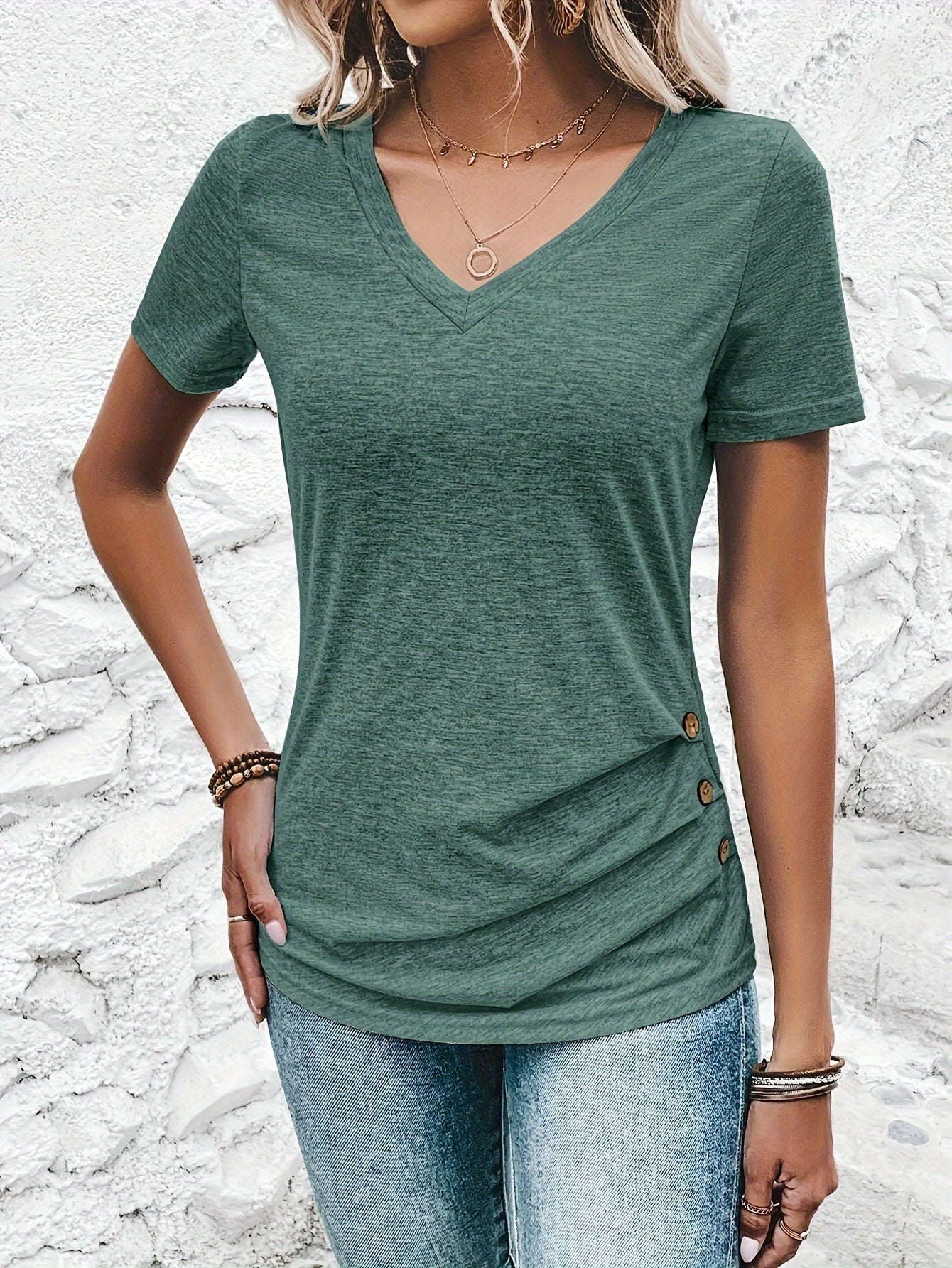 Women's Elegant Casual V-Neck Button-Front T-Shirt with Decorative Buttons - Soft Breathable Top, Regular Fit for Spring Summer Fall, Machine Washable Solid Color Blouse, Seasonal Versatile Shirt, Stylish Button Detailing, Construction