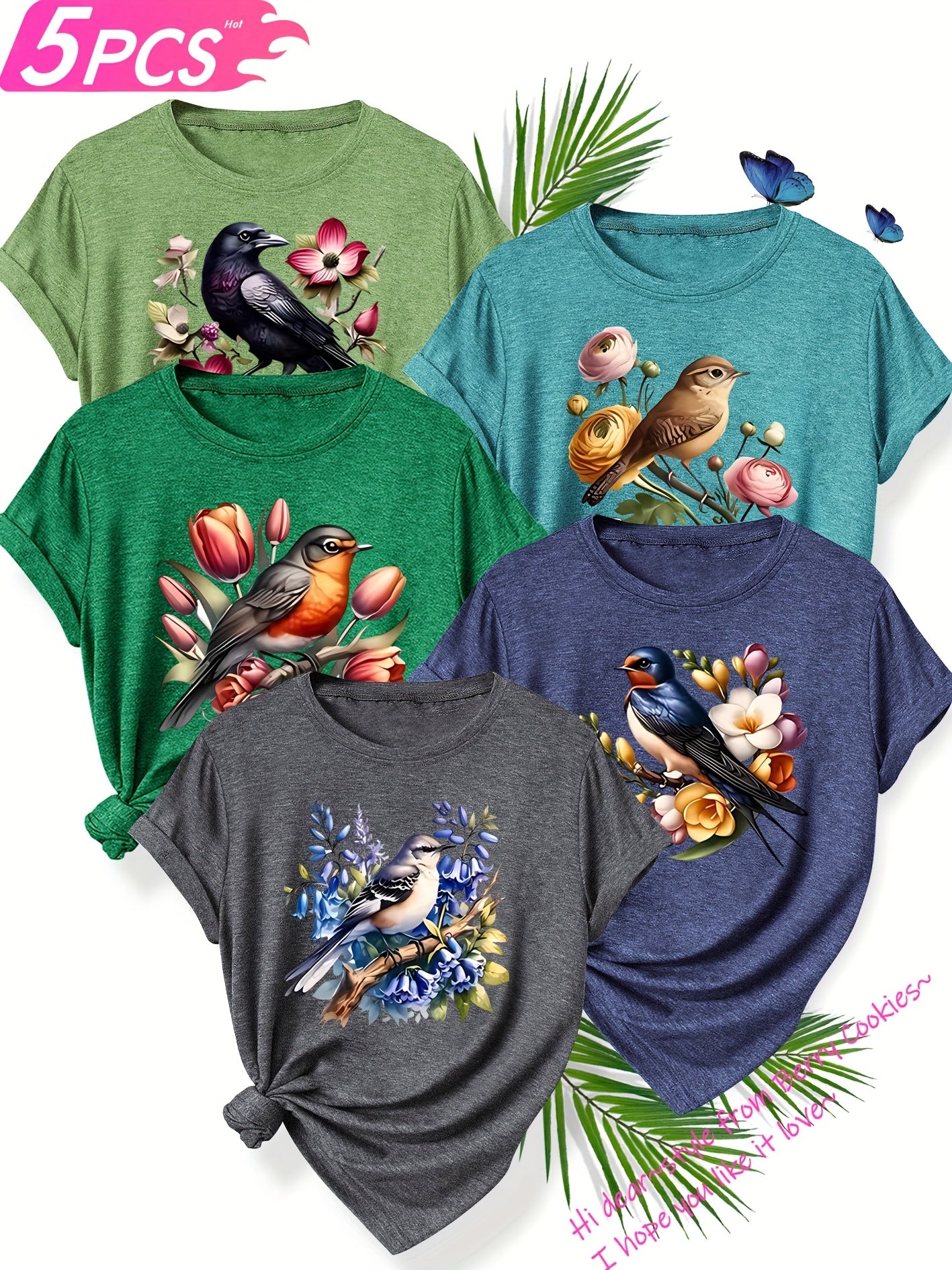 5pcs Set of Sisters Simple and Clear Line Cute Animal Plant Flower Pattern Printed Elegant Women'S Spring, Summer and Autumn Round Neck Short Sleeve T-shirt Multi-color Optional S-XXL