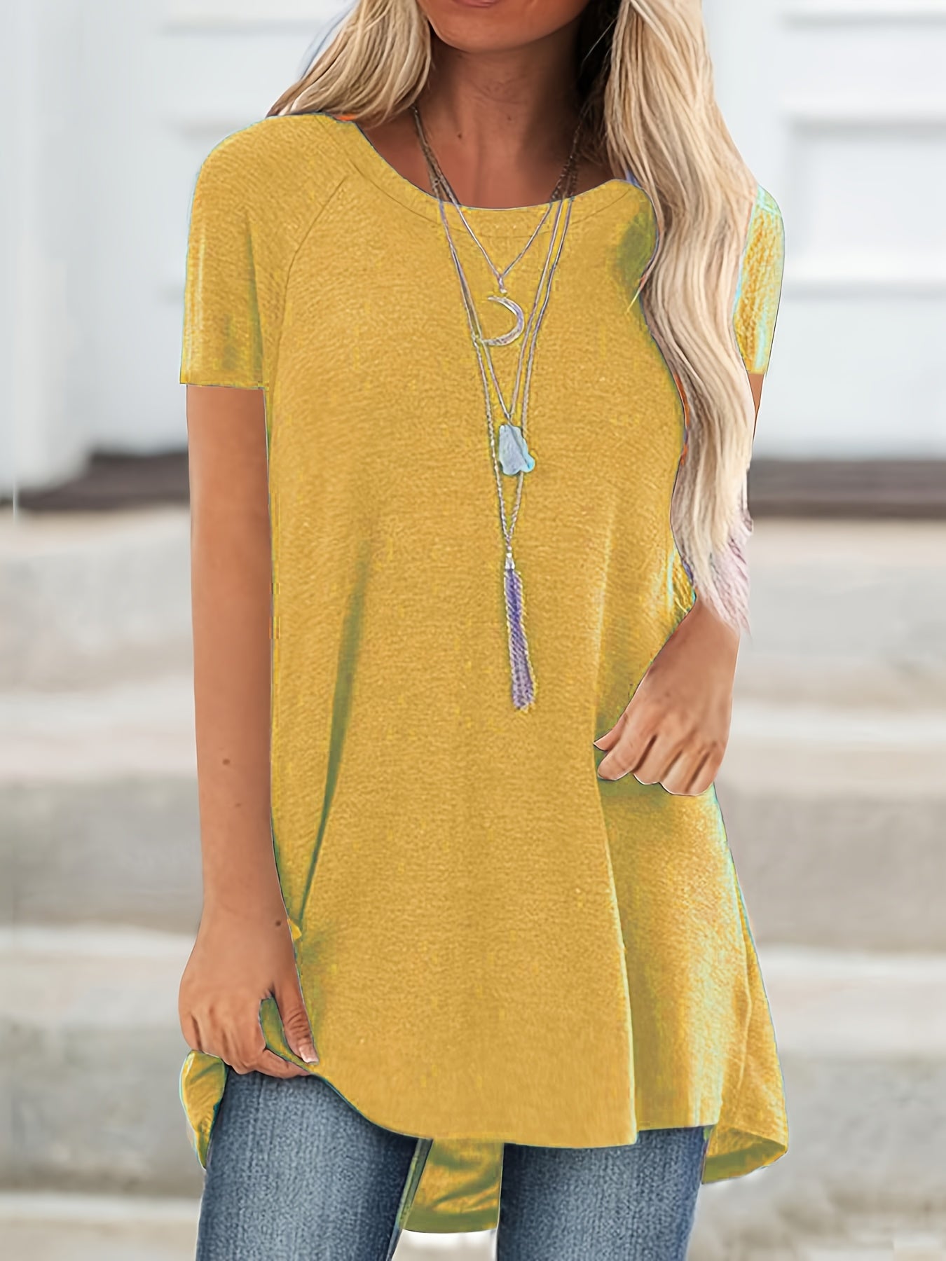 Womens Solid Longline T-Shirt - Soft Crew Neck, Short Sleeve Tops - Casual Everyday Wear, Comfortable & Durable, Trendy Style - For Fashionable Women