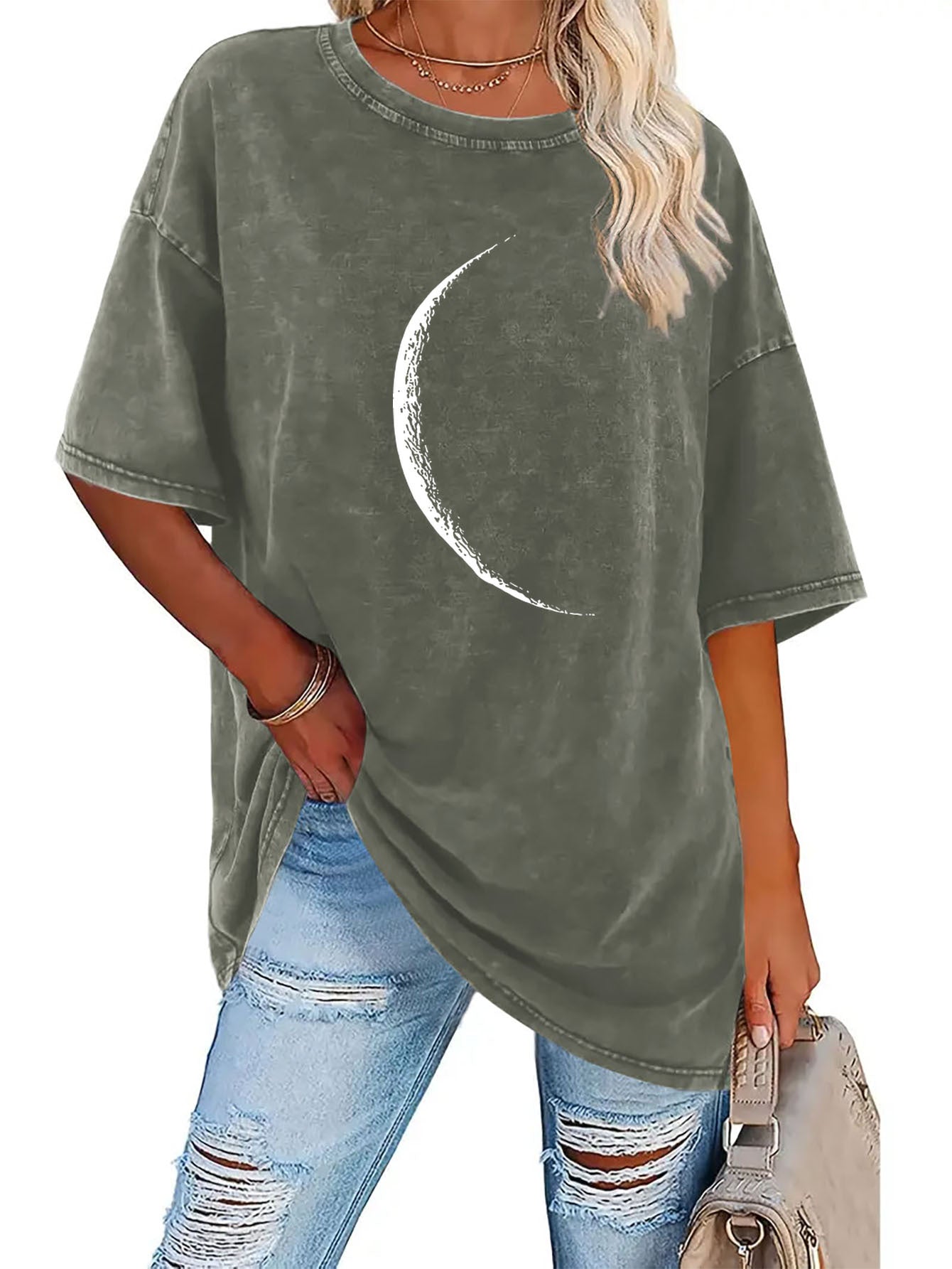 Half Moon Pattern, Summer Women'S Fashion Washed Retro High Quality 230G Thick T-Shirt, Street Retro Style Round Neck Short-Sleeved T-Shirt