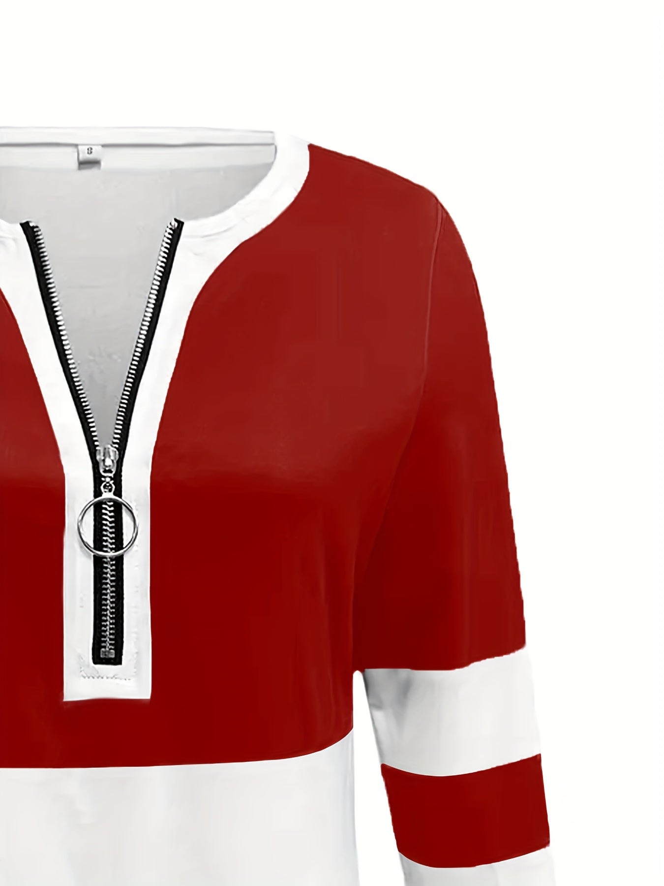 [Elegant V-Neck Tee] Stylish Black and White V-Neck Long Sleeve T-Shirt | Women's Color Block Tee with Zipper Detail - Casual Yet Elegant, Perfect for Spring and Fall