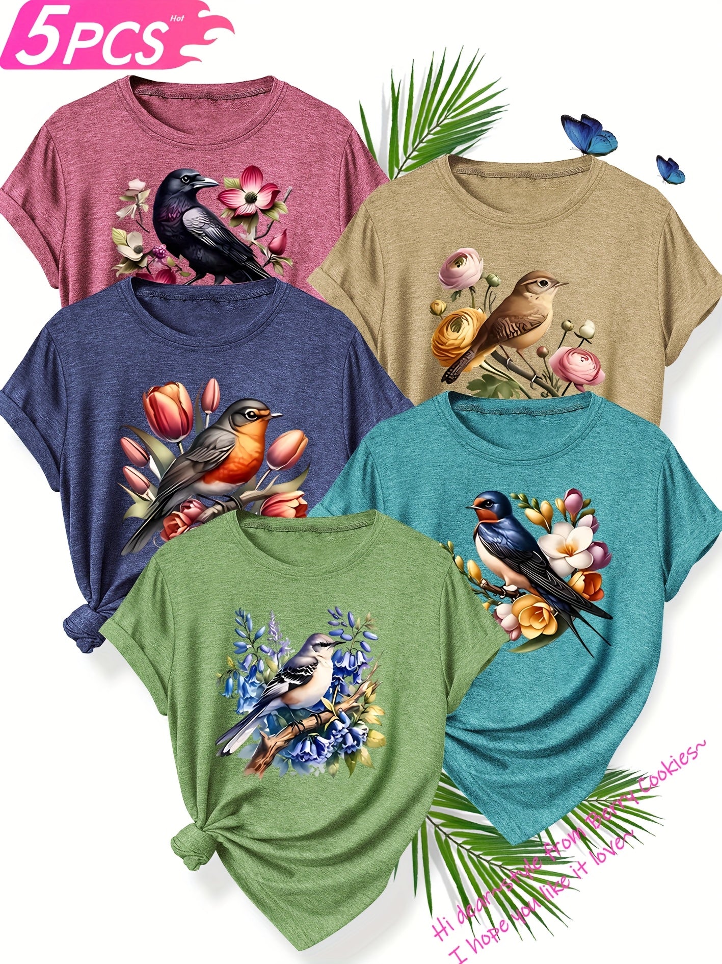 5pcs Set of Sisters Simple and Clear Line Cute Animal Plant Flower Pattern Printed Elegant Women'S Spring, Summer and Autumn Round Neck Short Sleeve T-shirt Multi-color Optional S-XXL