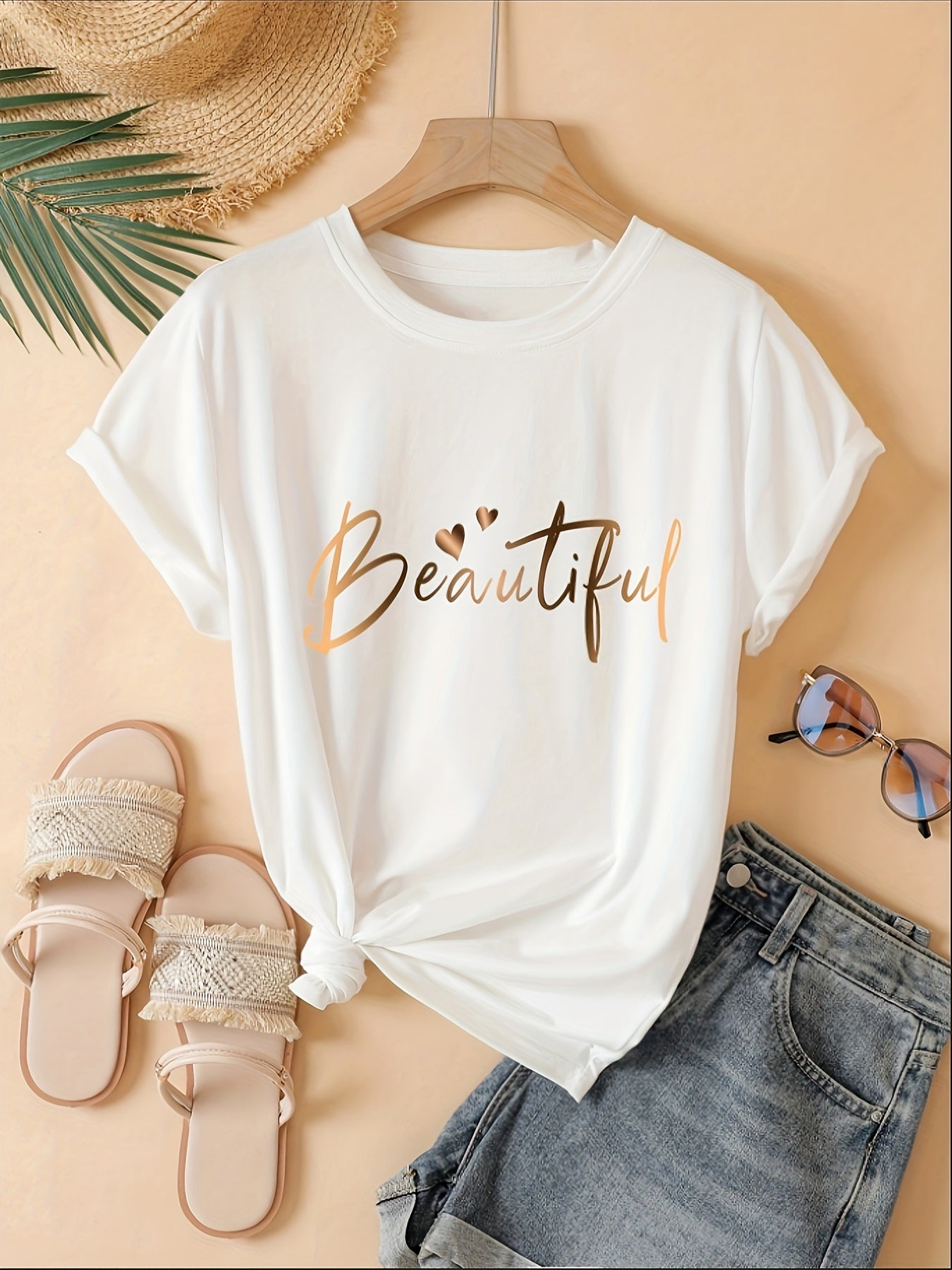 Women'S Casual Crew Neck T-Shirt with Heart & Letter Print - "Beautiful" Design, Short Sleeve, Loose Fit, Black, Perfect for Spring/Summer/Fall, Ladies T Shirts
