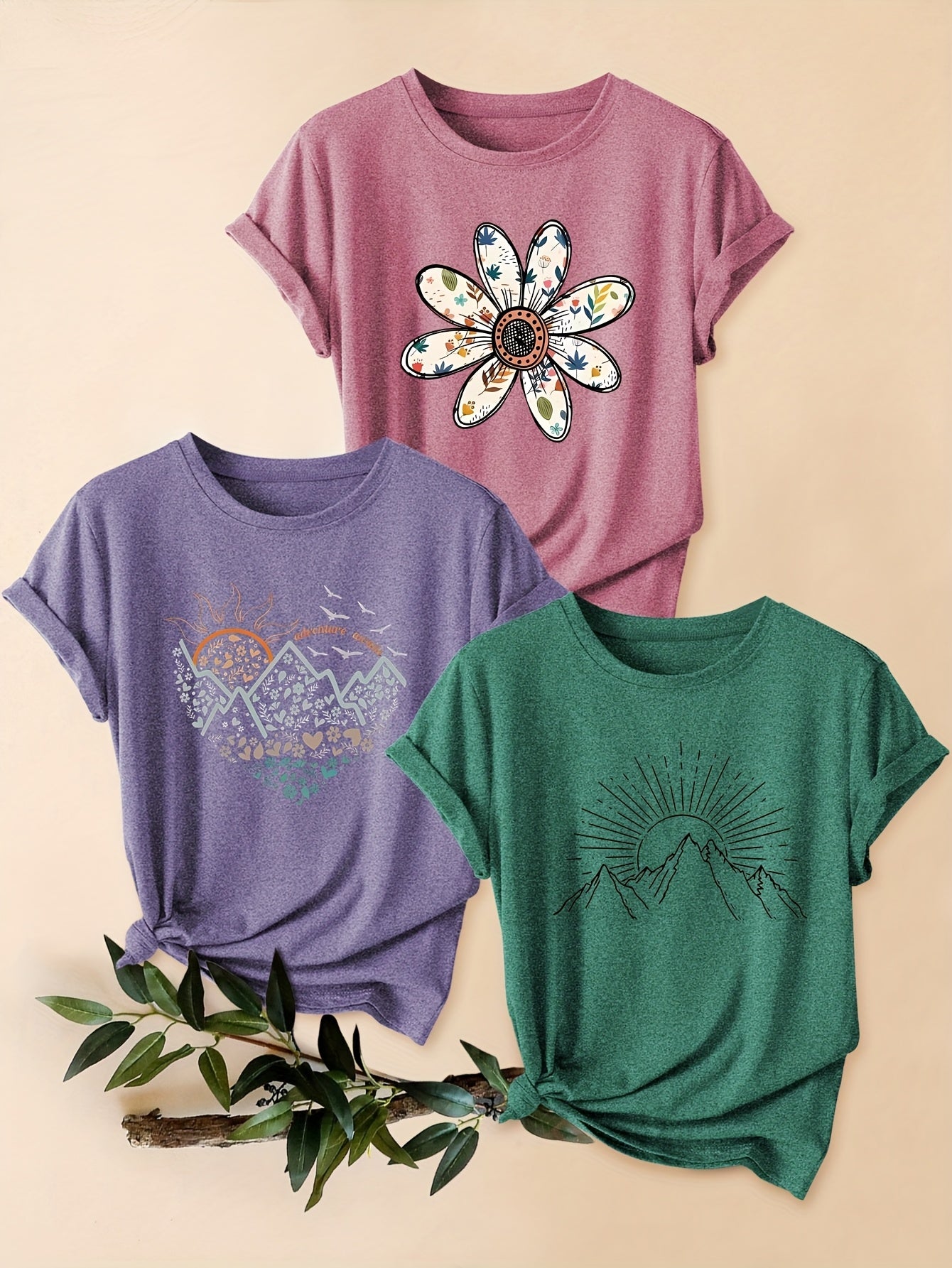 Three-Piece Set of Mountain Chrysanthemum Print Fashion Retro Style Women's Spring Autumn Winter Casual Sporty Round Neck Short Sleeve T-Shirts