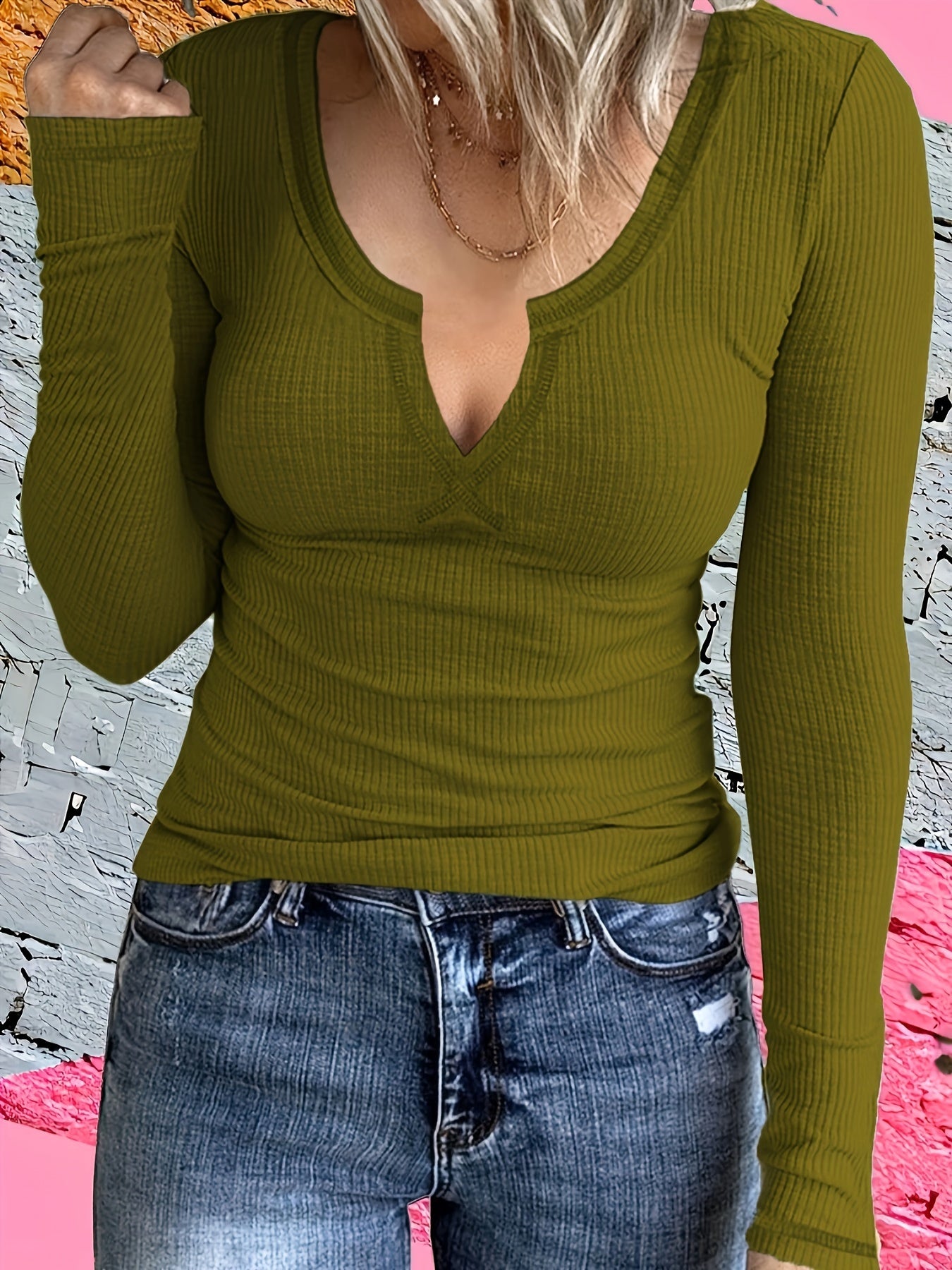 Casual Long Sleeve Solid Notch Neck T-Shirt - Women's Clothing For Spring & Fall