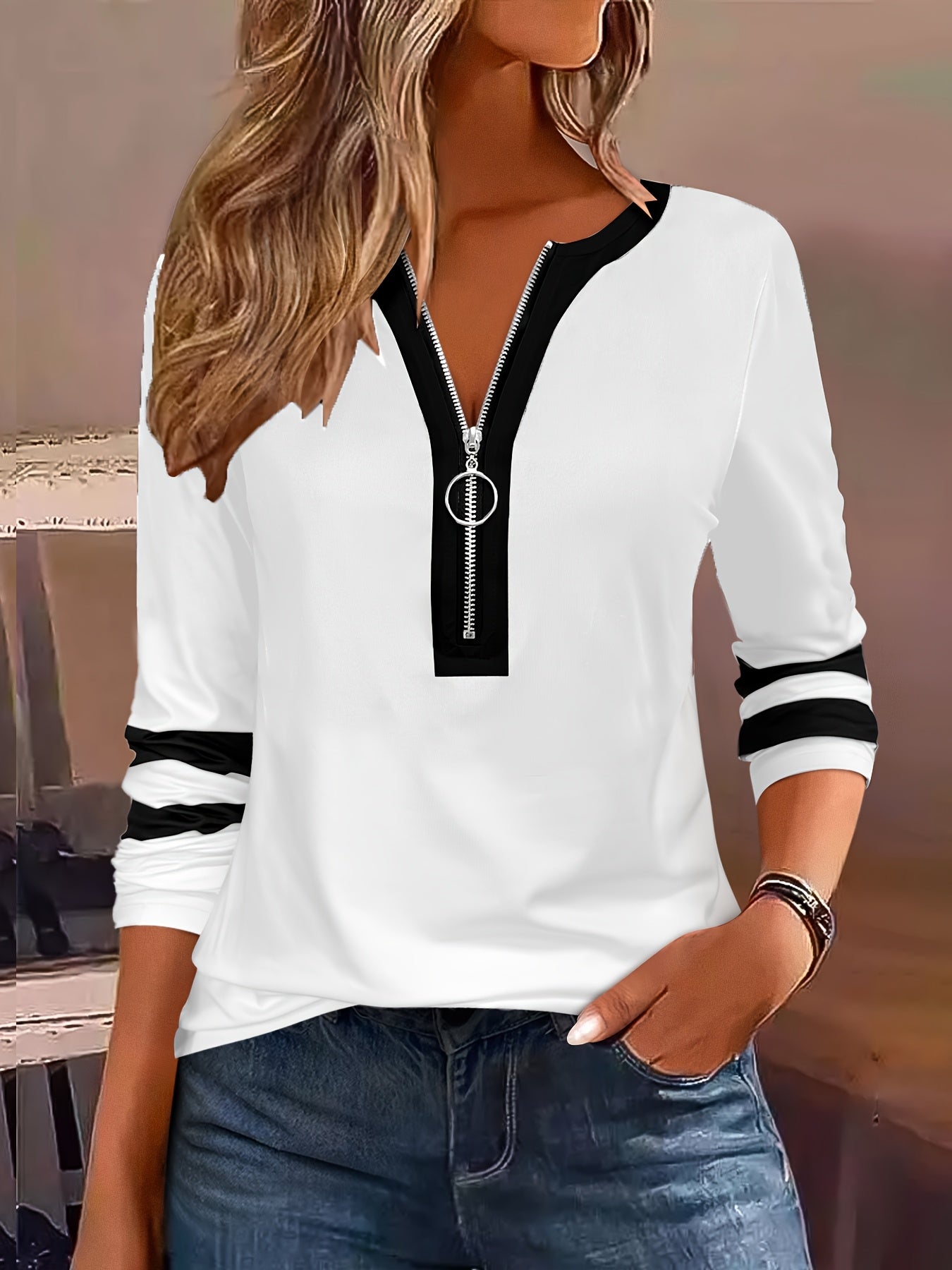 [Elegant V-Neck Tee] Stylish Black and White V-Neck Long Sleeve T-Shirt | Women's Color Block Tee with Zipper Detail - Casual Yet Elegant, Perfect for Spring and Fall