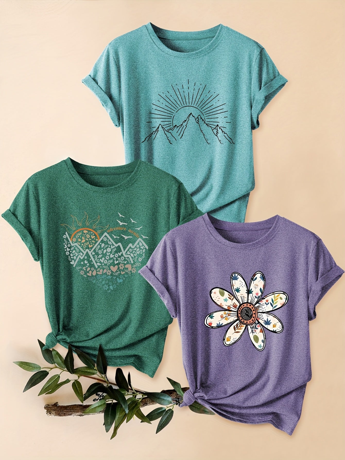 Three-Piece Set of Mountain Chrysanthemum Print Fashion Retro Style Women's Spring Autumn Winter Casual Sporty Round Neck Short Sleeve T-Shirts