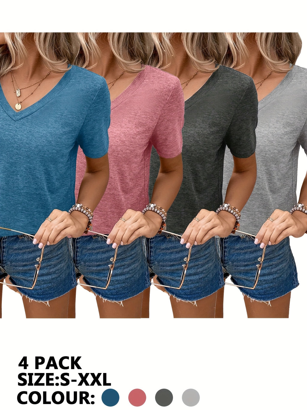 4pcs Women'S Solid Color V-Neck Short Sleeve T-Shirts, Casual Spring/Summer Tee Set, Sizes S-XXL