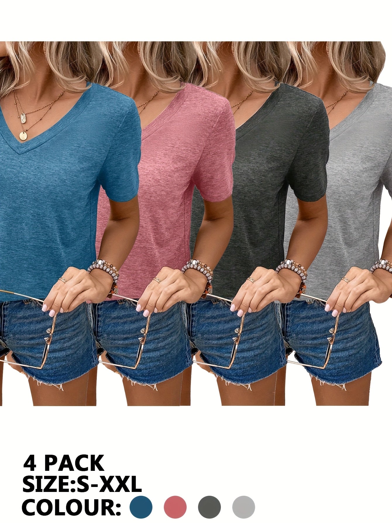 4pcs Women'S Solid Color V-Neck Short Sleeve T-Shirts, Casual Spring/Summer Tee Set, Sizes S-XXL