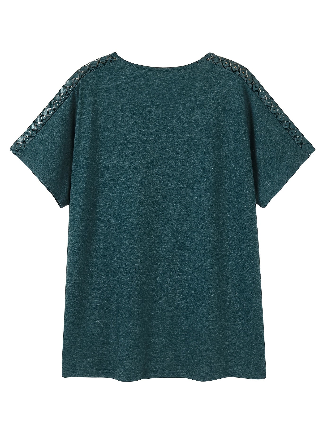 [Plus Size V-Neck Tee] 2024 Summer Women's Plus Size V-Neck T-Shirt | Pink with Lace Detail, Short Sleeve, Lightweight & Stretchy Fabric, Casual Wear | Comfortable Fit, Lace Trim Top