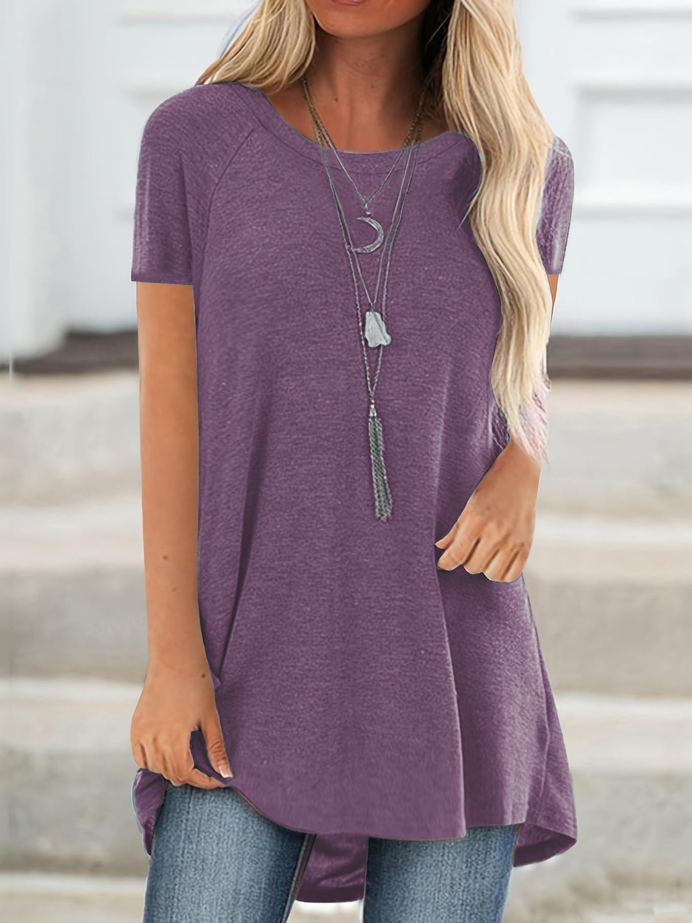 Womens Solid Longline T-Shirt - Soft Crew Neck, Short Sleeve Tops - Casual Everyday Wear, Comfortable & Durable, Trendy Style - For Fashionable Women