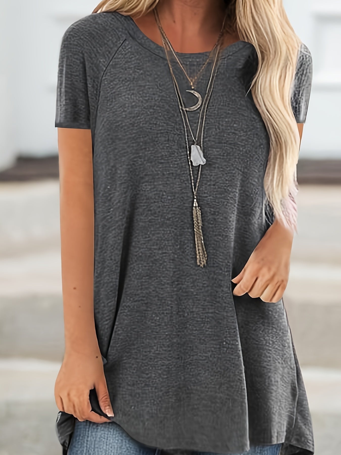 Womens Solid Longline T-Shirt - Soft Crew Neck, Short Sleeve Tops - Casual Everyday Wear, Comfortable & Durable, Trendy Style - For Fashionable Women