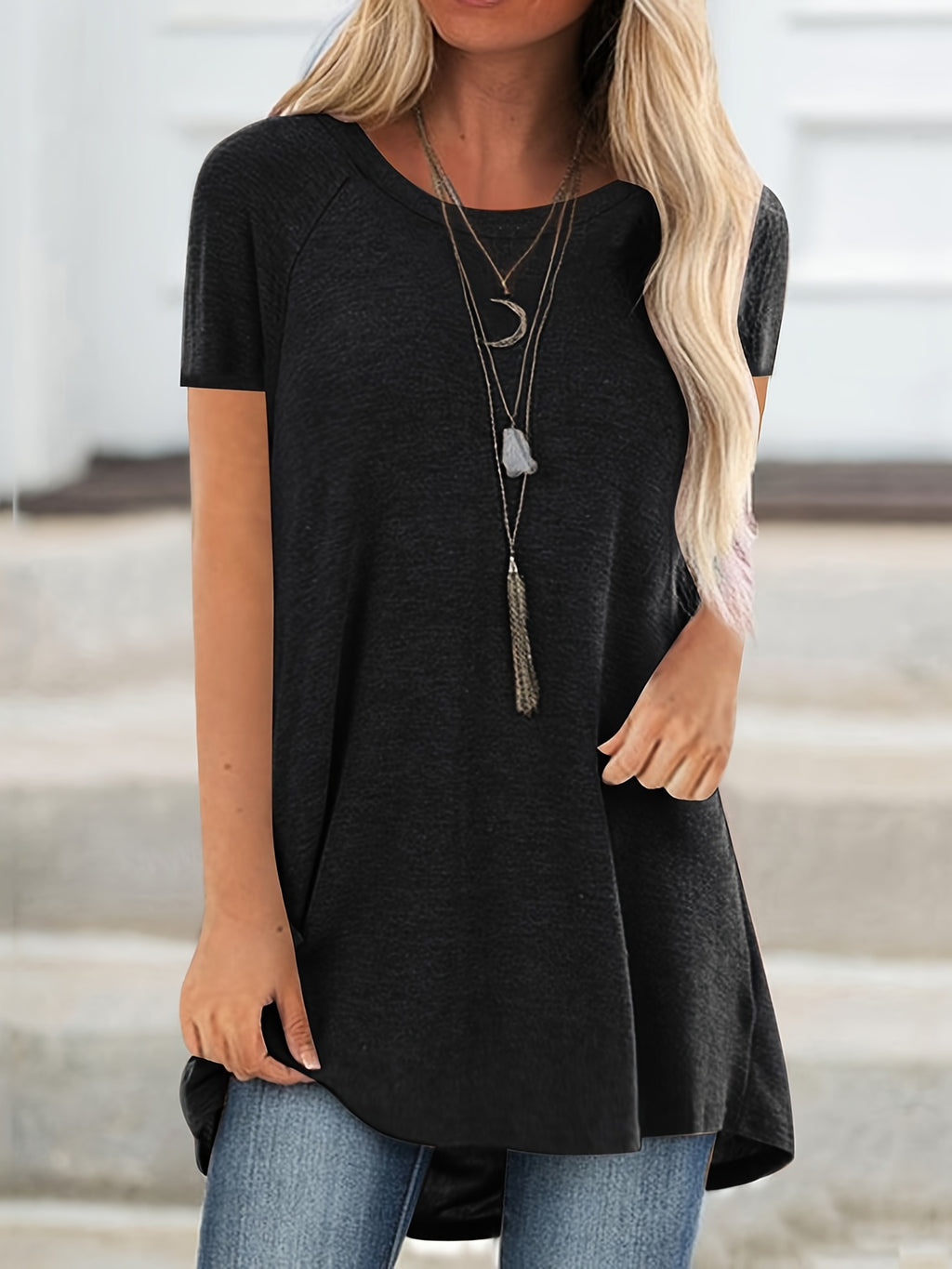 Womens Solid Longline T-Shirt - Soft Crew Neck, Short Sleeve Tops - Casual Everyday Wear, Comfortable & Durable, Trendy Style - For Fashionable Women