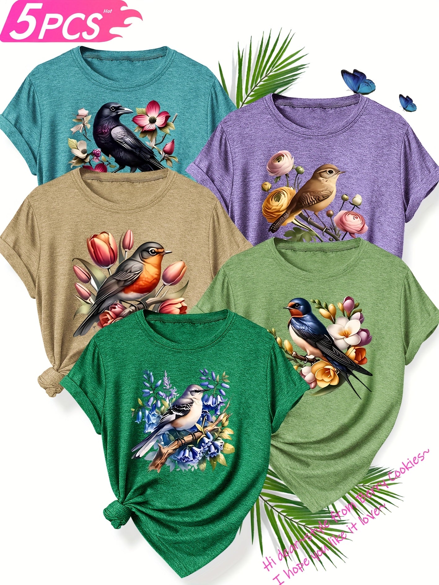 5pcs Set of Sisters Simple and Clear Line Cute Animal Plant Flower Pattern Printed Elegant Women'S Spring, Summer and Autumn Round Neck Short Sleeve T-shirt Multi-color Optional S-XXL