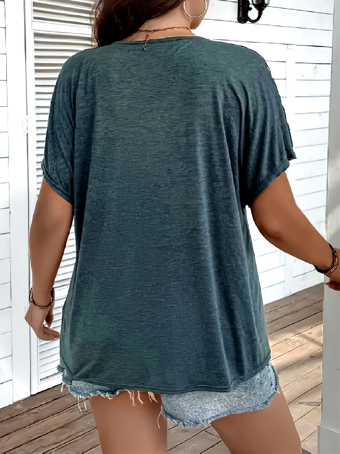[Plus Size V-Neck Tee] 2024 Summer Women's Plus Size V-Neck T-Shirt | Pink with Lace Detail, Short Sleeve, Lightweight & Stretchy Fabric, Casual Wear | Comfortable Fit, Lace Trim Top