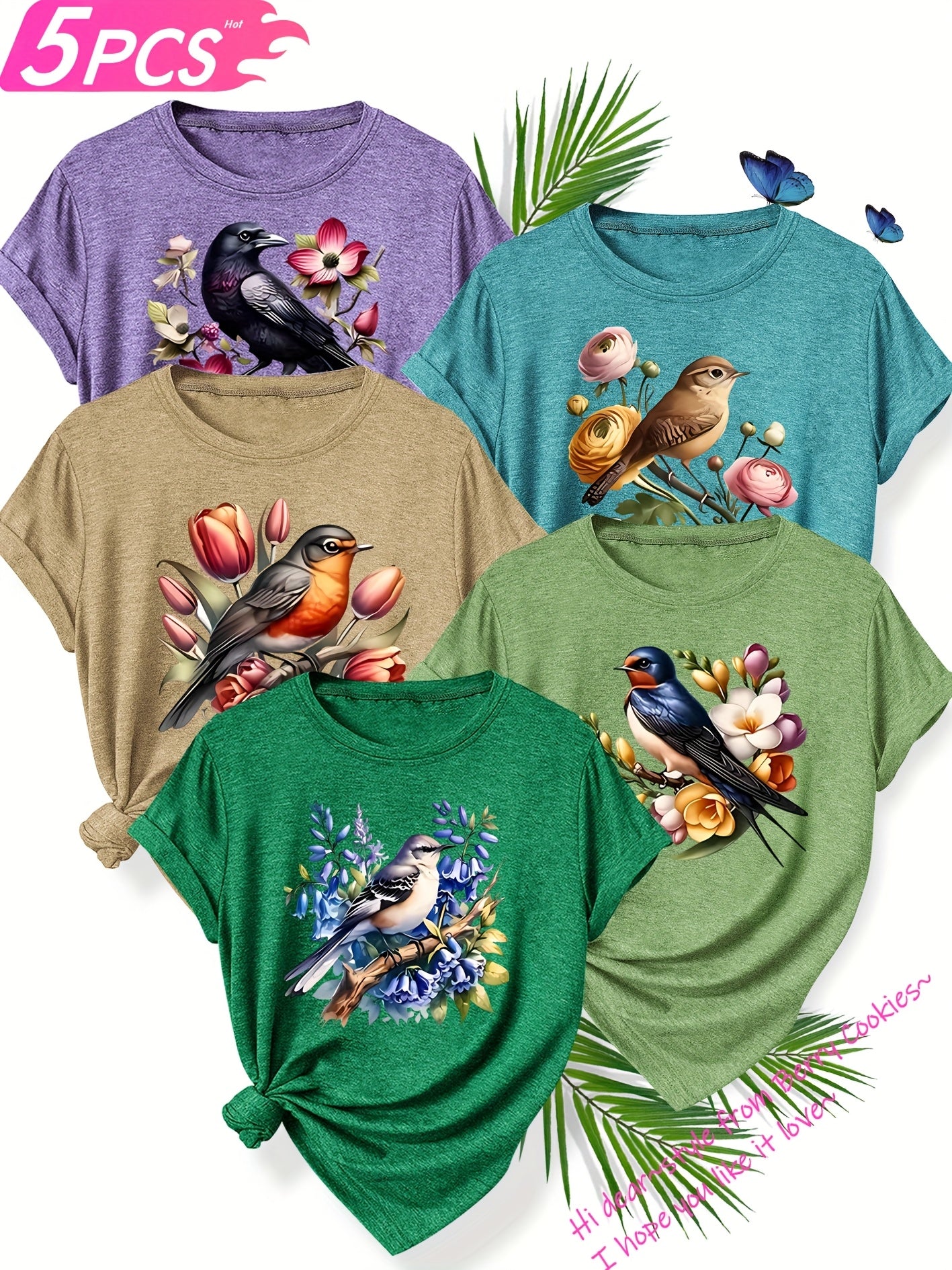 5pcs Set of Sisters Simple and Clear Line Cute Animal Plant Flower Pattern Printed Elegant Women'S Spring, Summer and Autumn Round Neck Short Sleeve T-shirt Multi-color Optional S-XXL