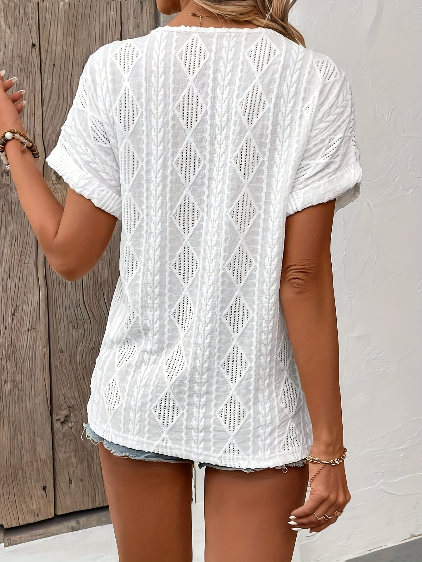 Button Decor V Neck T-Shirt, Casual Short Sleeve Textured Top For Spring & Summer, Women's Clothing