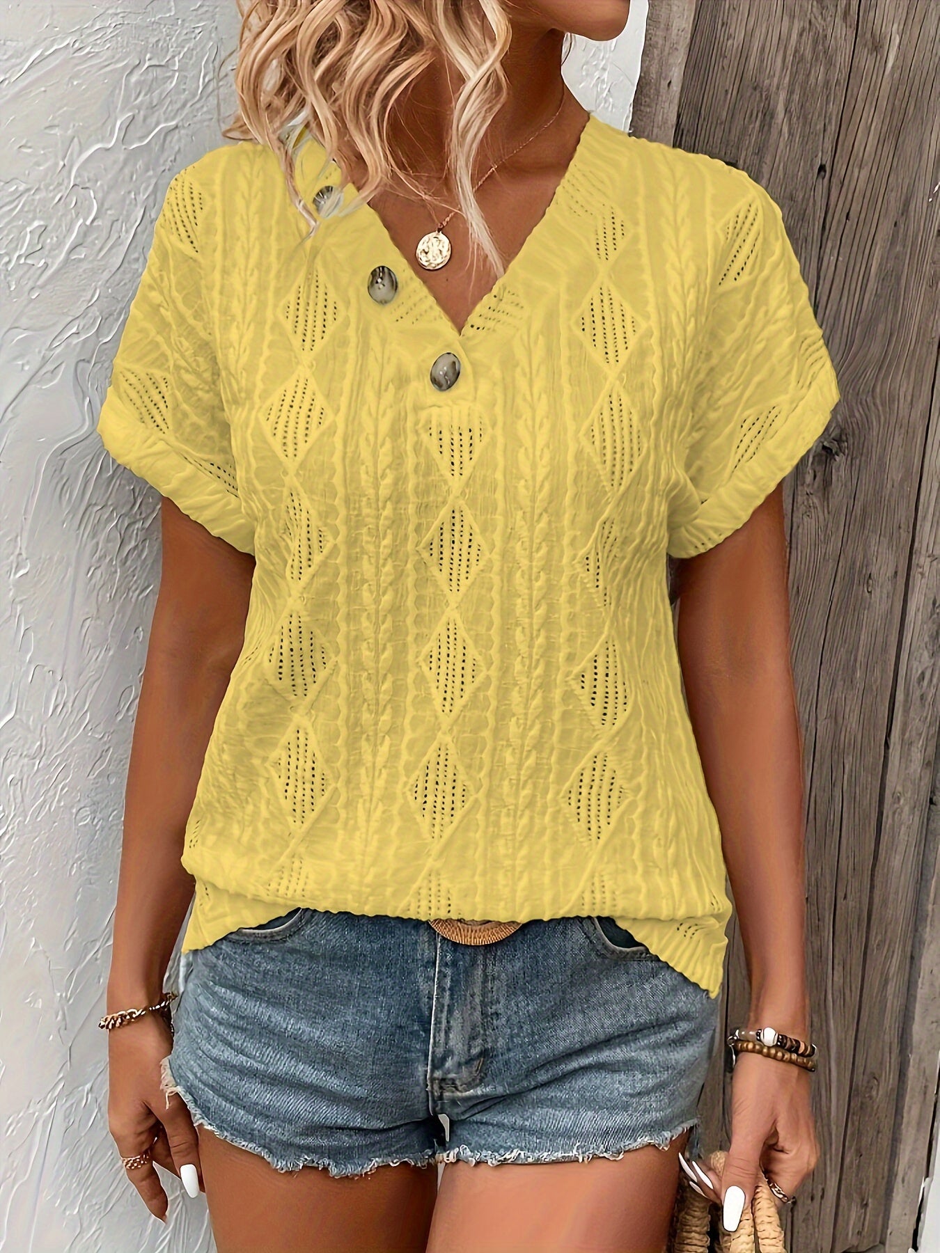 Button Decor V Neck T-Shirt, Casual Short Sleeve Textured Top For Spring & Summer, Women's Clothing