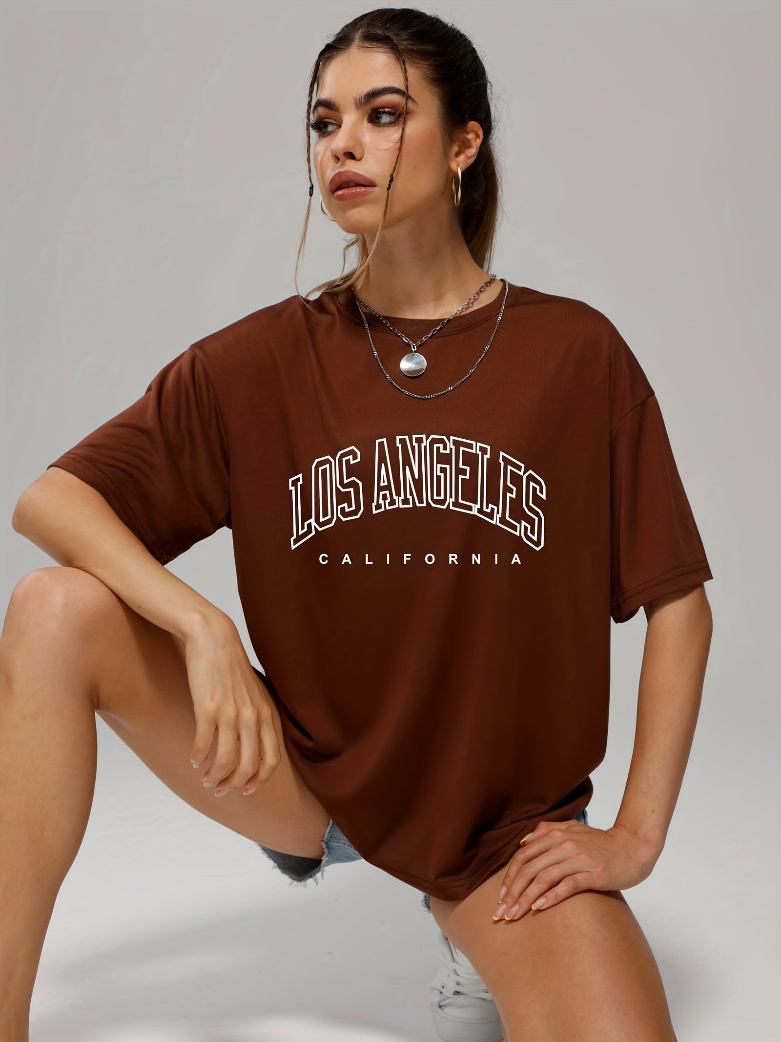 Solid Color Letter Print Casual Sports T Shirt, Soft Crew Neck Short Sleeve Tee, Women's Clothing