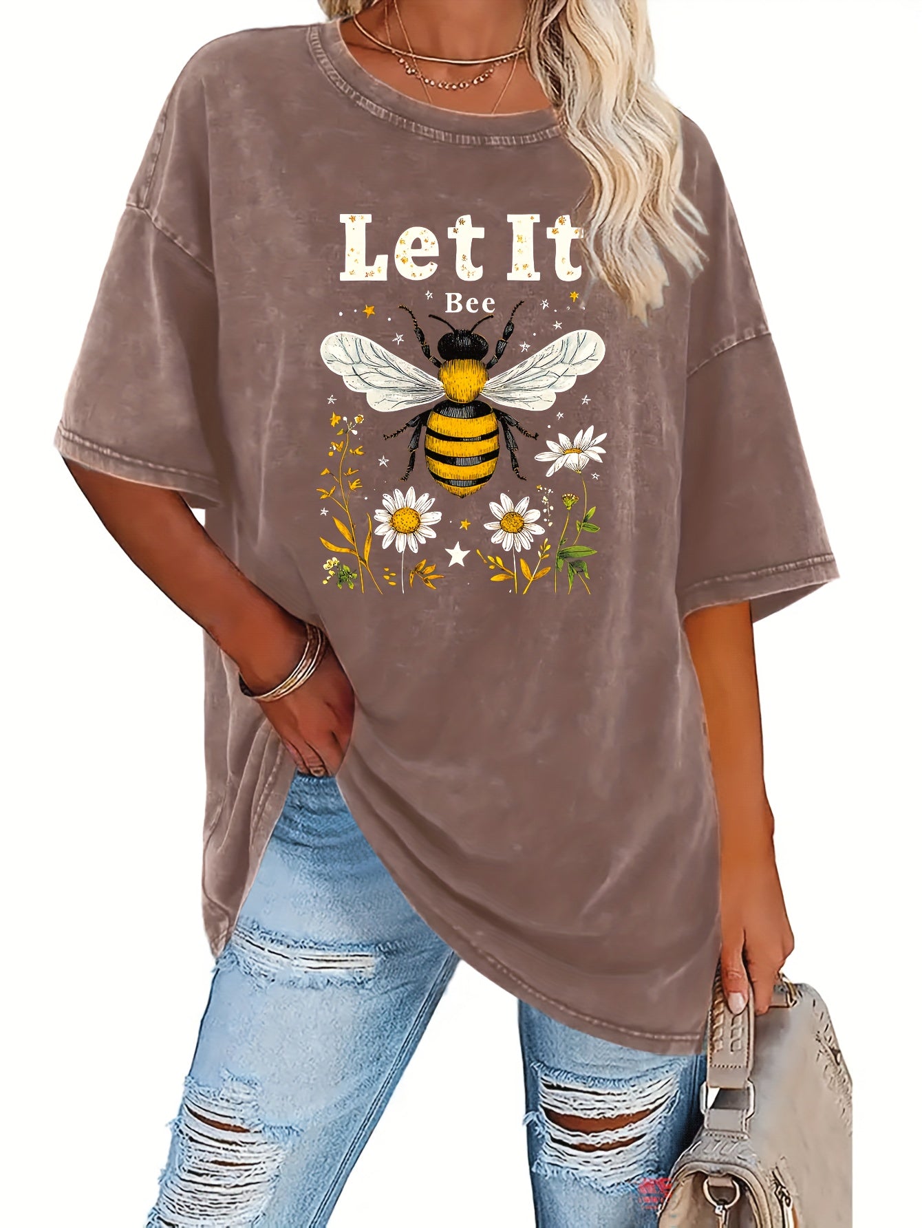 Half Moon Pattern, Summer Women'S Fashion Washed Retro High Quality 230G Thick T-Shirt, Street Retro Style Round Neck Short-Sleeved T-Shirt