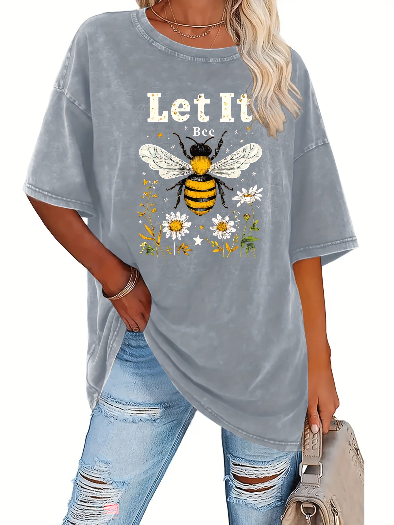 Half Moon Pattern, Summer Women'S Fashion Washed Retro High Quality 230G Thick T-Shirt, Street Retro Style Round Neck Short-Sleeved T-Shirt