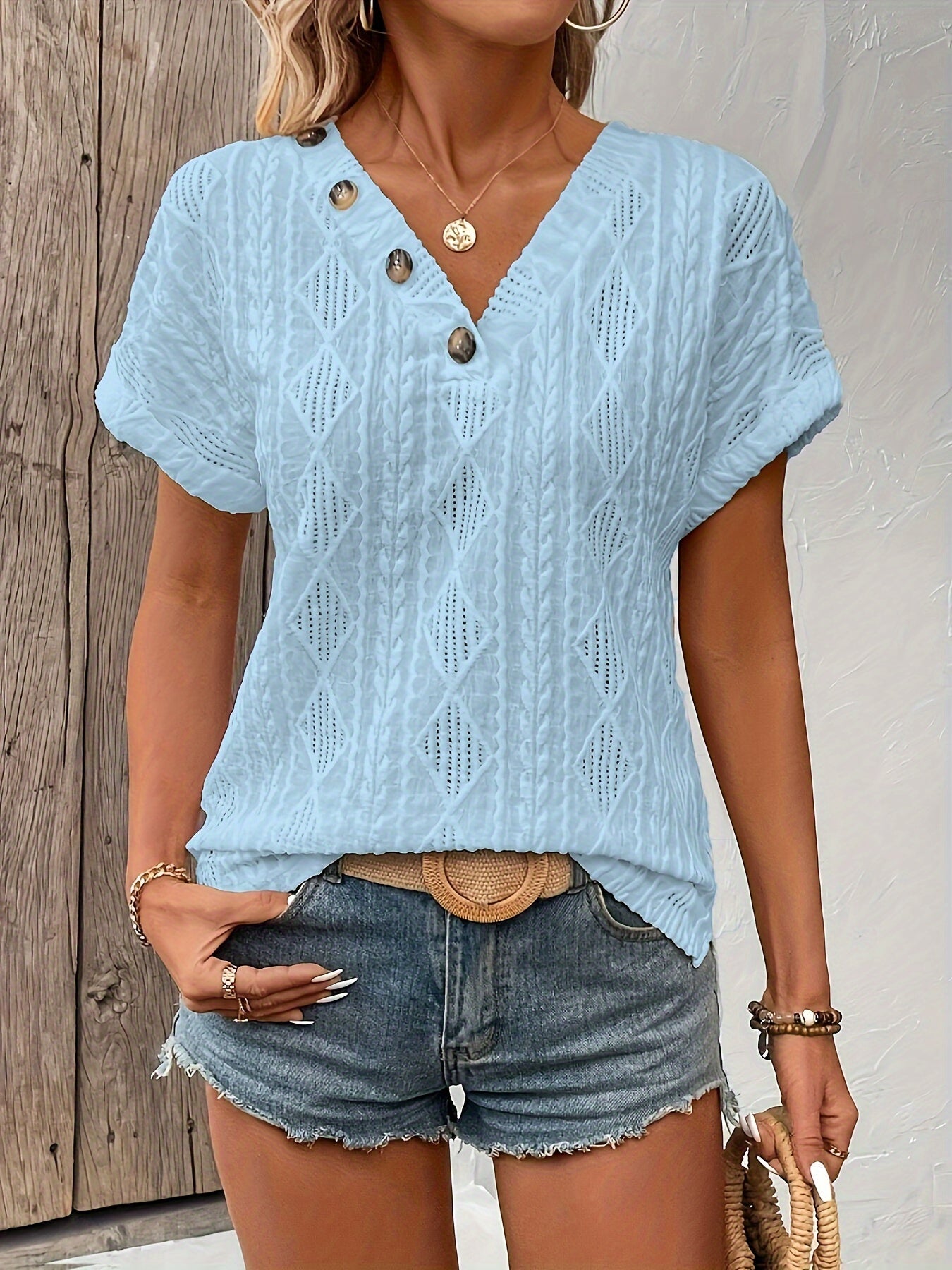 Button Decor V Neck T-Shirt, Casual Short Sleeve Textured Top For Spring & Summer, Women's Clothing